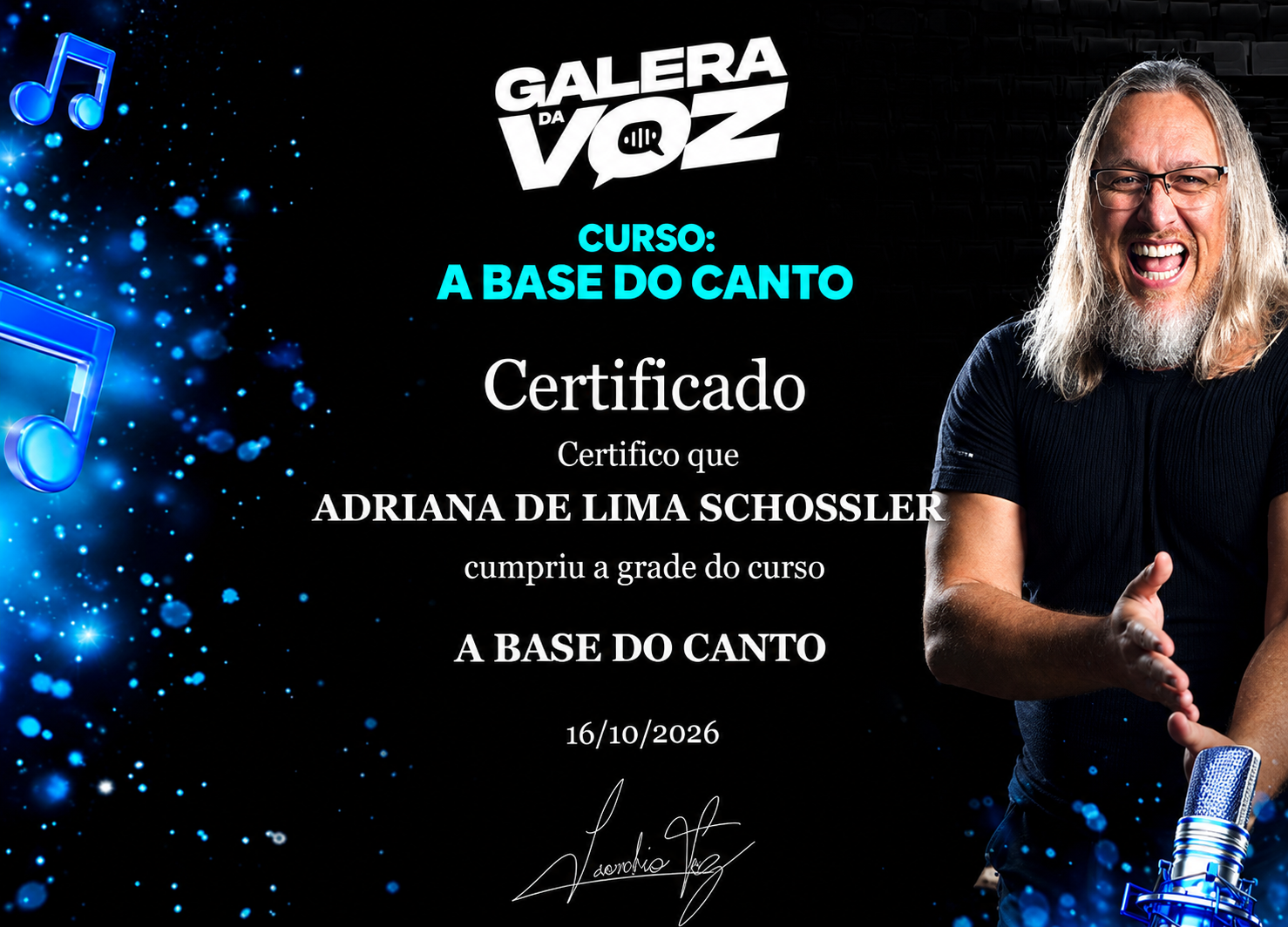 Certificado de conclusão do curso A Base do Canto para Adriana de Lima Schossler